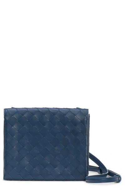 Shop Bottega Veneta Intrecciato Leather Flap Crossbody Bag In Deep Blue/ Silver