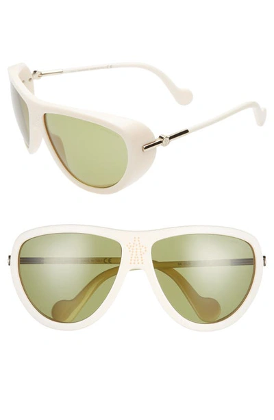 Shop Moncler 66mm Mirrored Tinted Aviator Sunglasses In Shiny Ivory/ Vintage Green