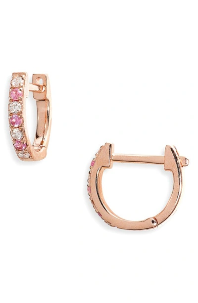 Shop Ef Collection Mini Diamond & Sapphire Huggie Hoop Earrings In Diamond/ Pink/ Rose Gold