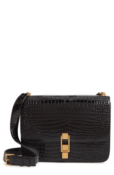 Shop Saint Laurent Le Carre Croc Embossed Leather Shoulder Bag In Noir