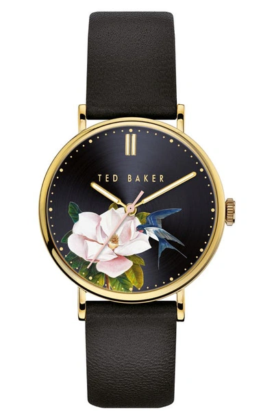 Shop Ted Baker Phylipa Flowers Leather Strap Watch, 37mm In Black/ Gold