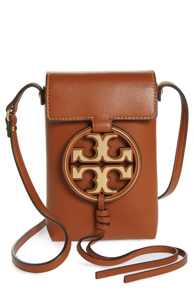 Shop Tory Burch Miller Leather Phone Crossbody Bag In Aged Camello