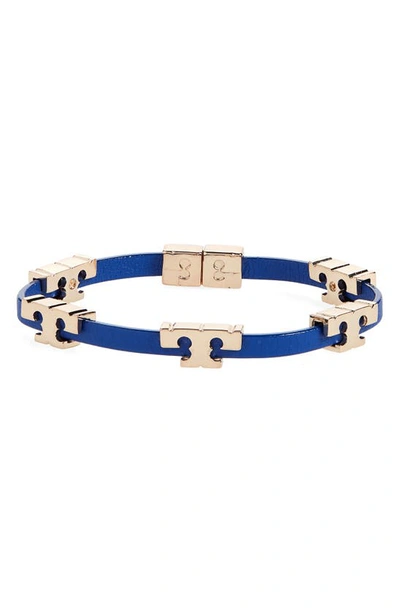 Shop Tory Burch T-logo Single Wrap Bracelet In Tory Gold / Nautical Blue