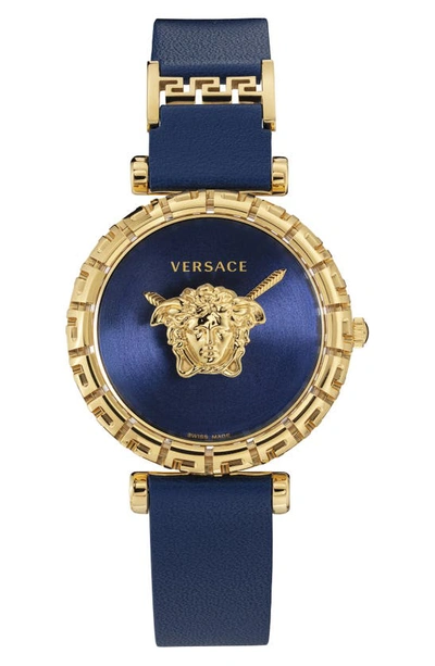 Shop Versace Palazzo Empire Greca Leather Strap Watch, 37mm In Blue/ Gold