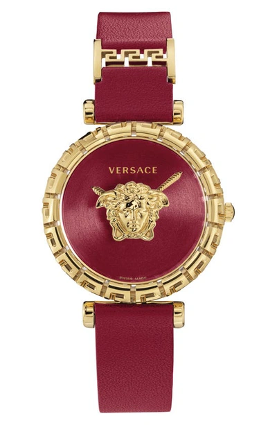 Shop Versace Palazzo Empire Greca Leather Strap Watch, 37mm In Red/ Gold