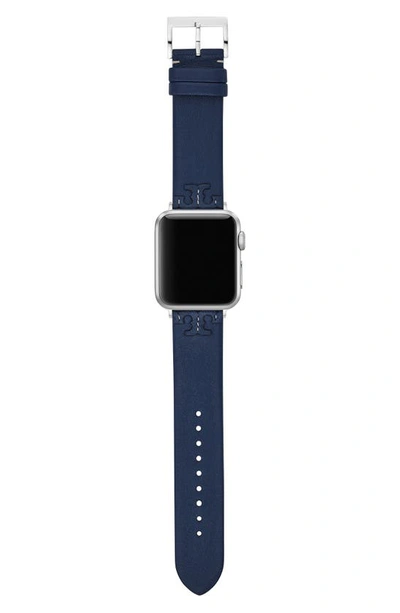 Shop Tory Burch Mcgraw Leather Apple Watch® Watchband In Navy