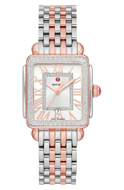 Shop Michele Deco Madison Mid Diamond Two-tone Bracelet Watch, 29mm X 31mm In Rose Gold/ Silver