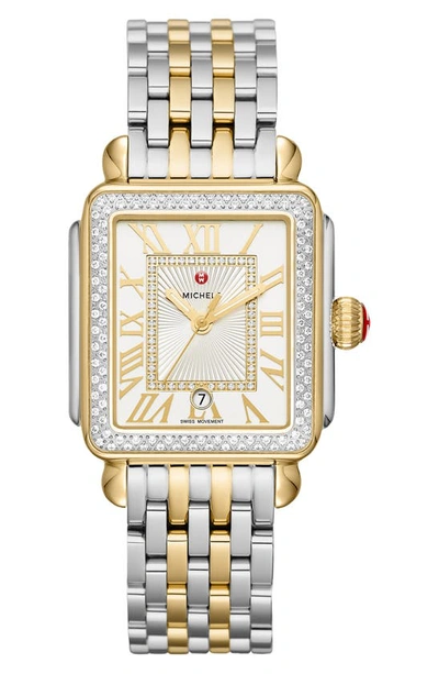 Shop Michele Deco Madison Diamond Dial Two-tone Bracelet Watch, 33mm In Gold/ Silver