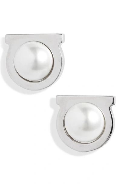 Shop Ferragamo Imitation Pearl Gancio Stud Earrings In Silver/ Pearl