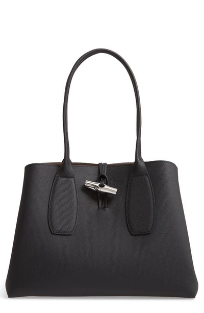 Shop Longchamp Roseau Leather Shoulder Tote In Black