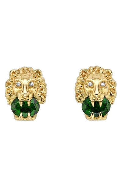 Shop Gucci Lion Head Diamond & Stone Stud Earrings In Yellow Gold/ Diamond