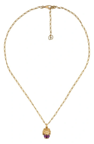 Shop Gucci Lion Head Diamond & Stone Pendant Necklace In Diamond/ Amethyst/ Yellow Gold