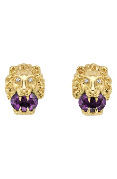 Shop Gucci Lion Head Diamond & Stone Stud Earrings In Diamond/ Amethyst/ Yellow Gold