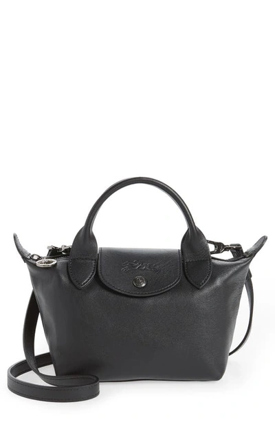 Shop Longchamp Mini Le Pliage Cuir Leather Top Handle Bag In Black
