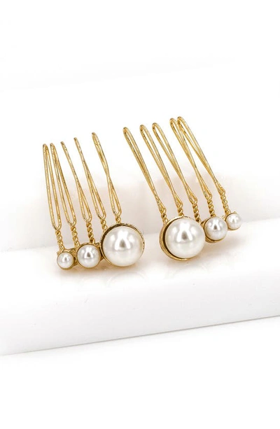 Shop Brides And Hairpins Feya Set Of 2 Imitation Pearl Hair Combs In Gold