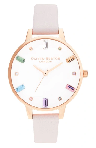 Shop Olivia Burton Rainbow Stone Leather Strap Watch, 34mm In Bloss/white Stone/rose Gold