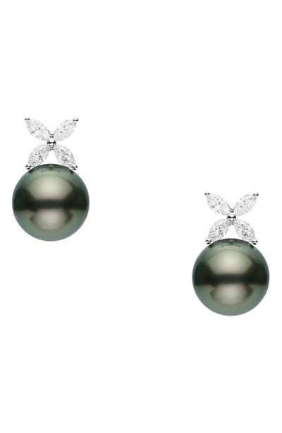 Shop Mikimoto Classic Black Pearl & Diamond Earrings In Pearl/ Diamond/ Gold