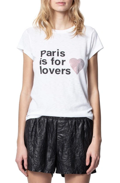 Shop Zadig & Voltaire Paris Is For Lovers Embellished Cotton Blend Graphic Tee In Blanc