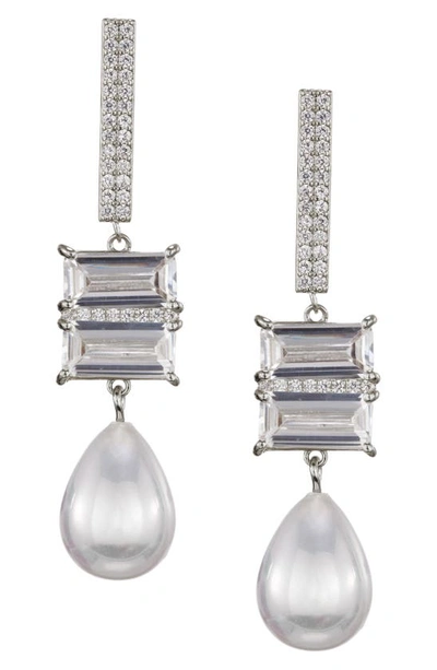 Shop Nina Drop Earrings In Rhodium/ White Pearl/ White Cz