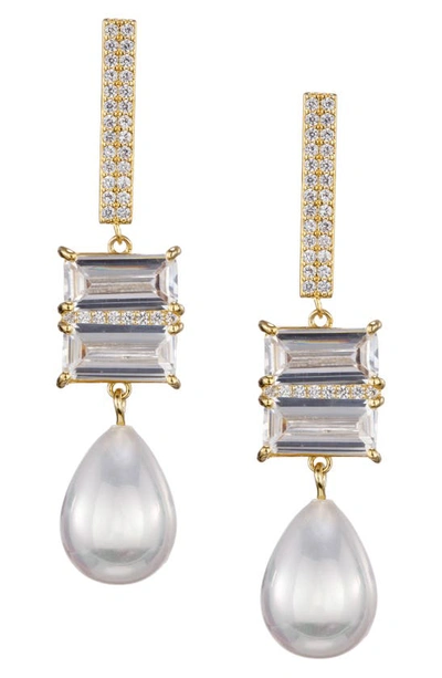 Shop Nina Drop Earrings In Gold/ White Pearl/ White Cz