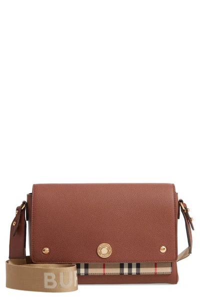 Shop Burberry Note Leather & Vintage Check Crossbody Bag In Tan