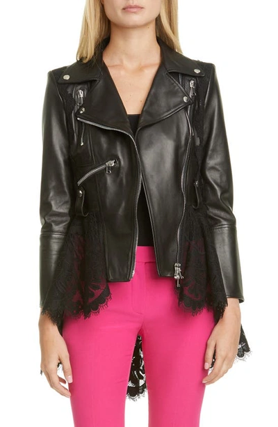 Shop Alexander Mcqueen Lace Peplum Leather Moto Jacket In Black