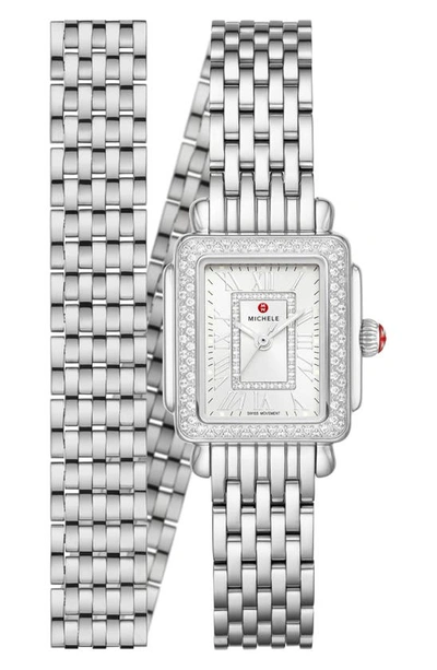 Shop Michele Deco Madison Mini Diamond Head & Bracelet, 22mm In Silver/ Silver White Sunray