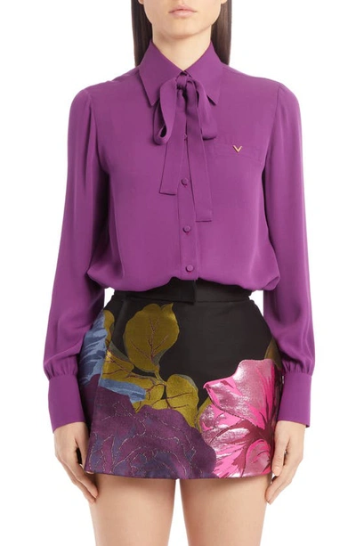 Shop Valentino Silk Tie Neck Shirt In Deep Lilac