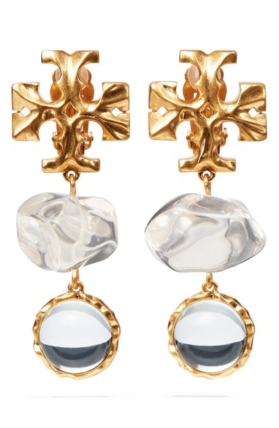 Shop Tory Burch Roxanne Double Drop Clip-on Earrings In Rolled Brass 59 / Clear