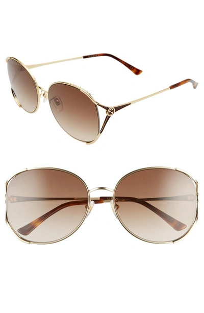 Shop Gucci 59mm Round Sunglasses In Gold/ Brown