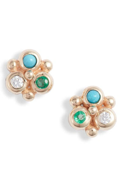 Shop Anzie Dew Drop Mini Fleur Stud Earrings In Yellow Gold/ Green/ Blue