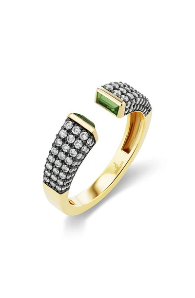 Shop Sorellina Diamond Pave Bezel Set Open Ring In Yellow Gold/ Tsavorite