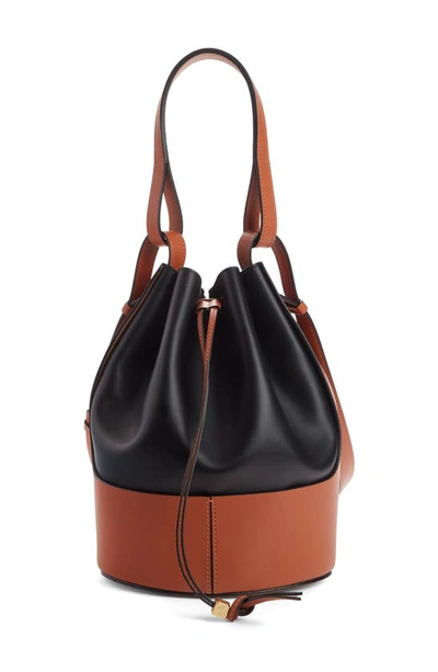 Shop Loewe Balloon Colorblock Leather Bucket Bag In Black/ Tan