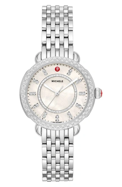 Shop Michele Sidney Classic Diamond Bracelet Watch, 33mm In Silver/ White Mop/ Silver