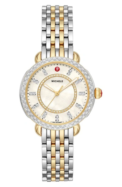 Shop Michele Sidney Classic Diamond Bracelet Watch, 33mm In Silver/ White Mop/ Gold