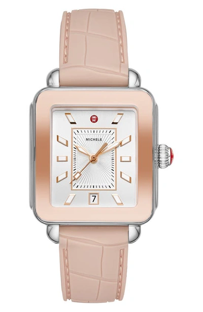 Shop Michele Deco Sport Silicone Strap Watch, 34mm X 36mm In Pink/ Silver Sunray/ Pink Gold