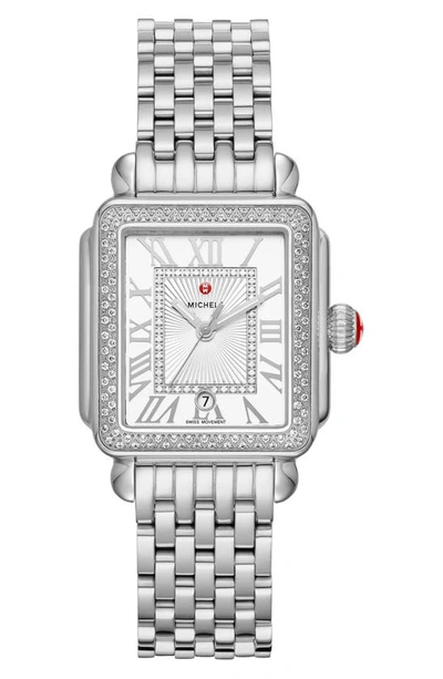 Shop Michele Deco Madison Mid Diamond Bracelet Watch, 29mm X 31mm In Silver
