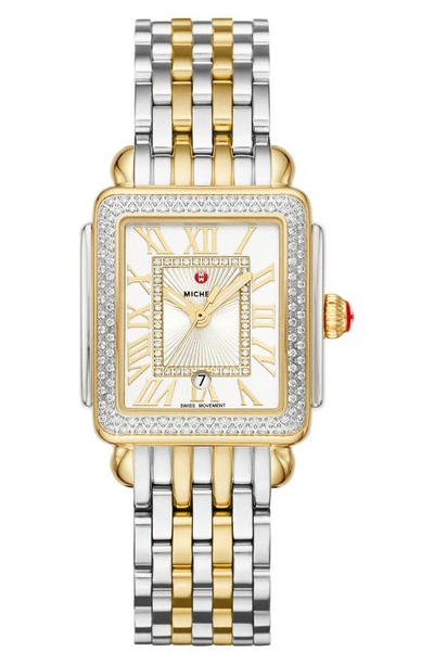Shop Michele Deco Madison Mid Diamond Bracelet Watch, 29mm X 31mm In Gold/ Silver