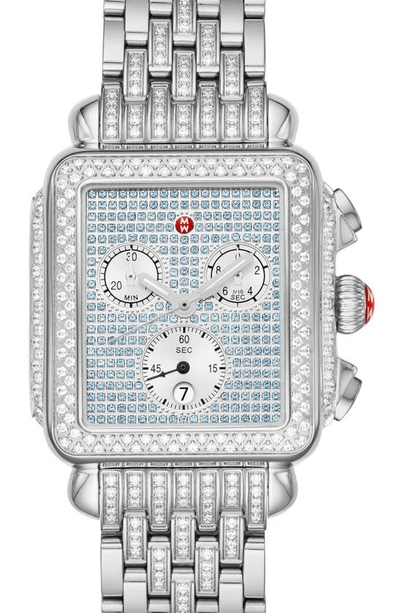 Shop Michele Deco Diamond Chronograph Watch Head & Bracelet, 33mm X 35mm In Silver/ Sapphire/ Silver