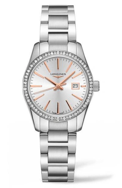 Shop Longines Conquest Classic Diamond Bracelet Watch, 29mm In Silver