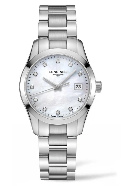 Shop Longines Conquest Classic Diamond Bracelet Watch, 34mm In Silver/ Mop/ Silver