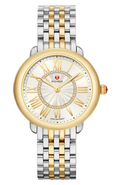 Michele Women's Serein Mid Two-tone Diamond Bracelet Watch In Silver/white Sunray/gold