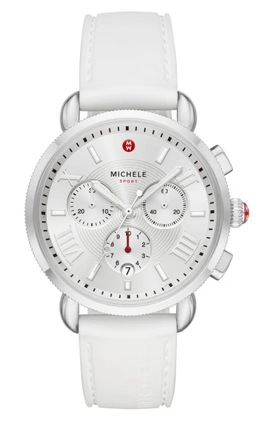 Shop Michele Sport Chronograph Watch Head With Silicone Strap, 38mm In White/silver White Sunray