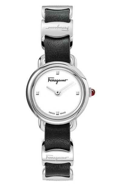 Shop Ferragamo Varina Leather Strap Watch, 22mm In Black/ White/ Silver