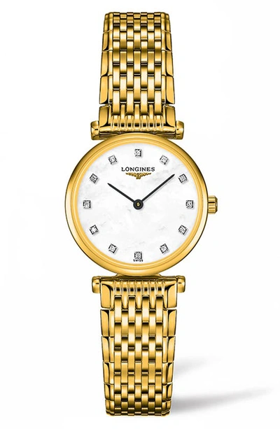 Shop Longines La Grande Classique De  Diamond Bracelet Watch, 24mm In Gold/ Mop/ Gold