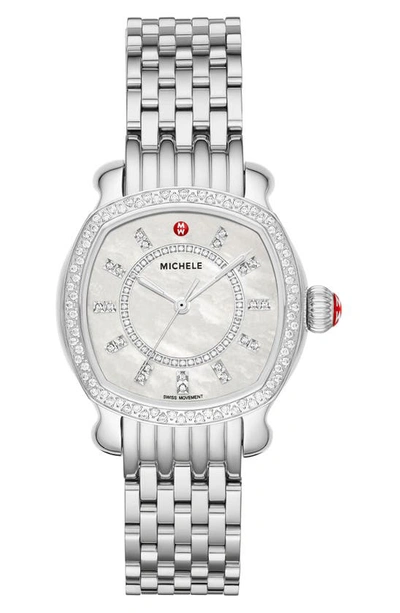 Shop Michele Lilou Diamond Bracelet Watch, 34mm In Silver/ Mop/ Silver