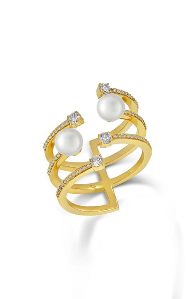 Shop Hueb Spectrum Three-row Pearl Ring In Yellow Gold