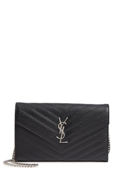 Shop Saint Laurent Cassandre Matelassé Leather Wallet On A Chain In Noir