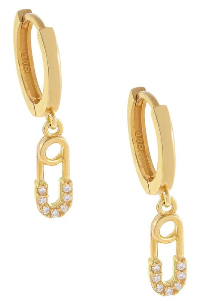 Shop Adinas Jewels Pave Safety Pin Huggie Hoop Earrings In Gold