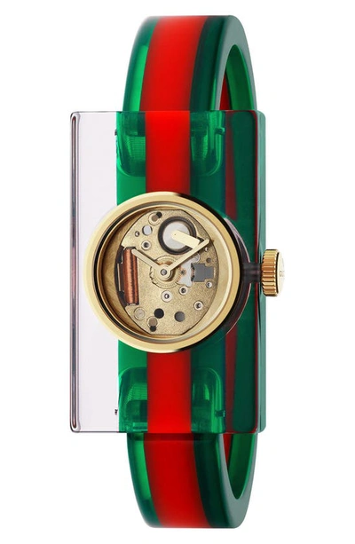 Shop Gucci Plexiglas Bracelet Watch, 24mm X 40mm In Green/ Red/ Gold
